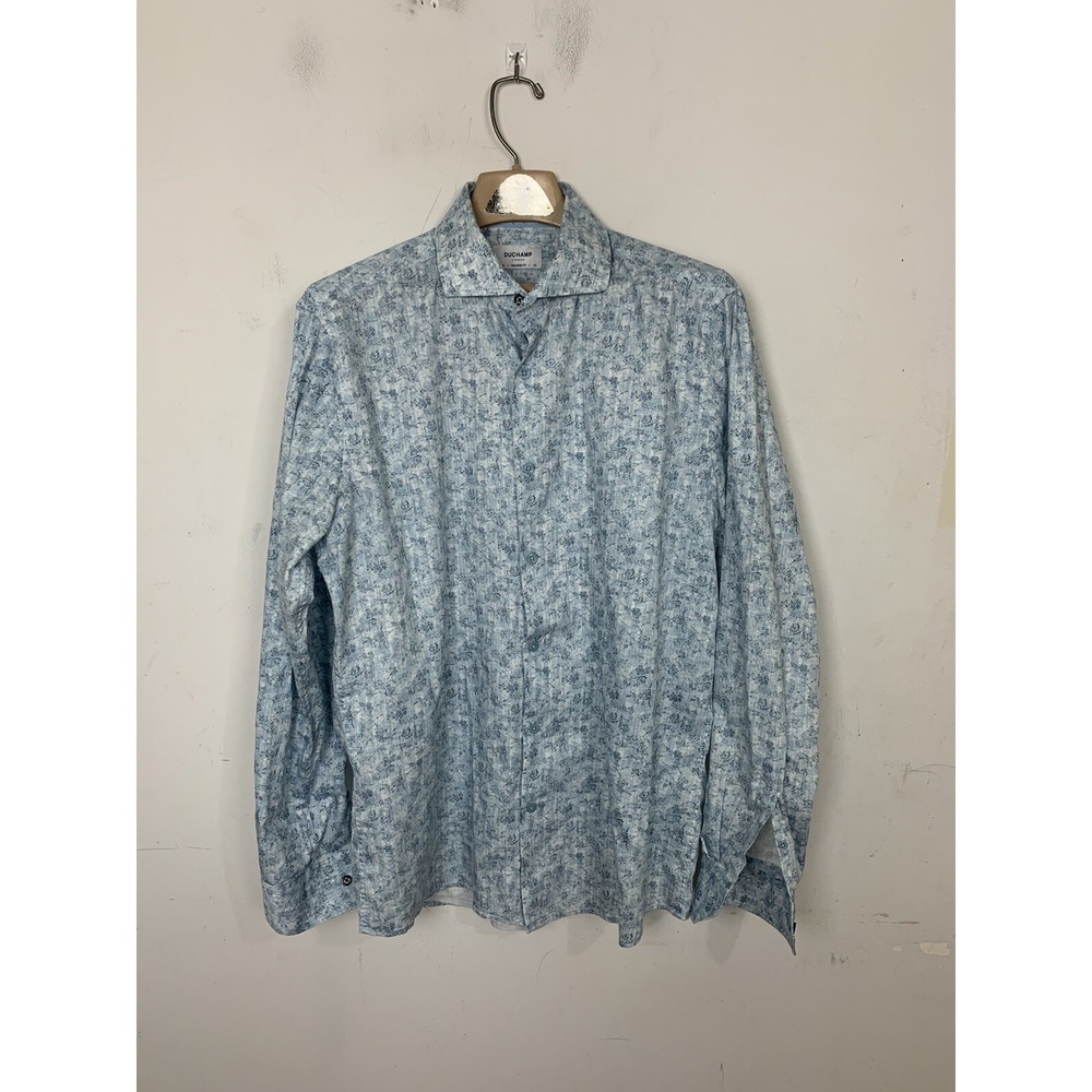 Duchamp London Mens Shirt 16.5 Large Blue Floral Preppy Wedding Colorful Pattern